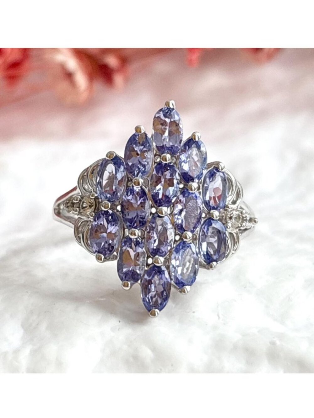 Tanzanite Gemstone Blooming Floral Sterling Silver 925 Vintage Ring sz 8.75